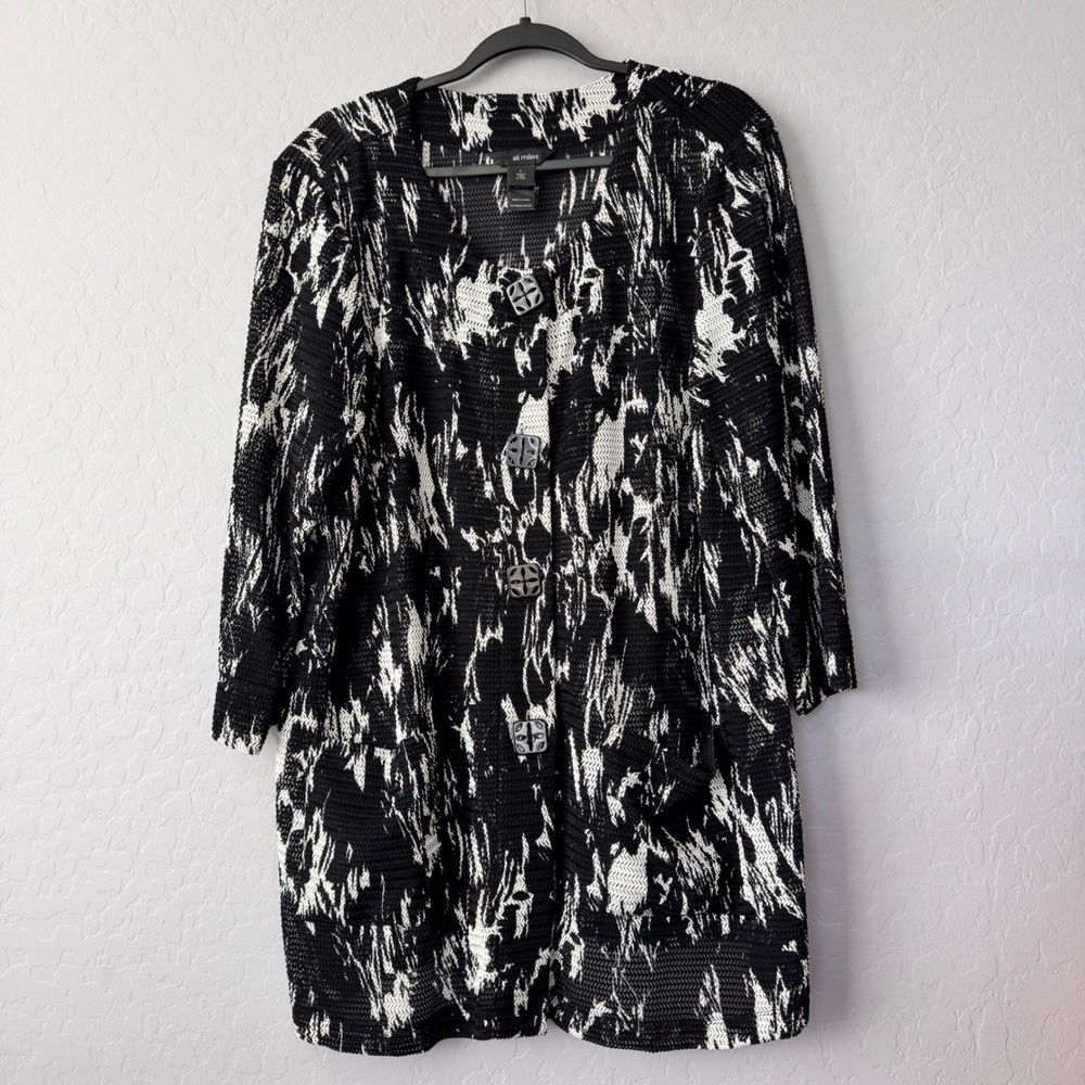 Ali Miles Large Sheer Black White Abstract Print Button Front Cardigan Jacket